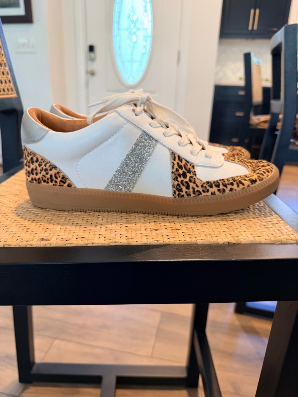 Yellow Box White Sneakers with Leopard Accents and Silver Glitter Stripe